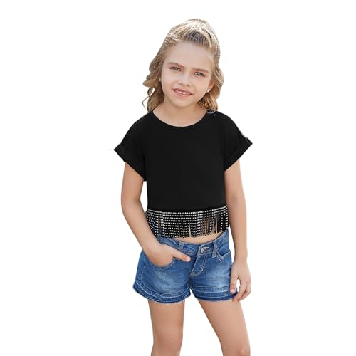 Perfashion Girl's Fringe Hem Short Sleeve Crop Tops Round Neck T Shirt Solid Tee for 4-13 Years