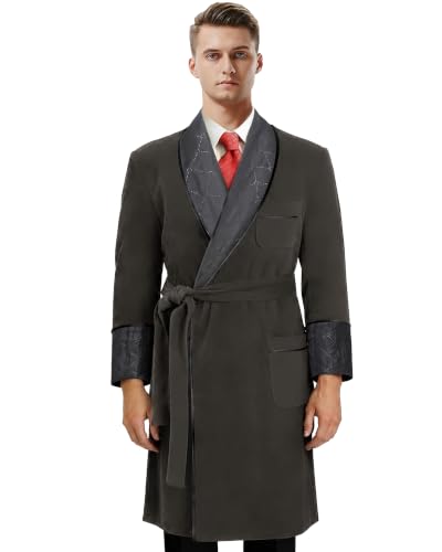 Image of Men's Long Velvet Smoking Jacket Smoking Robe with Belt Shawl Lapel Quilted Dressing Gown