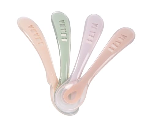 BÉABA, Lot de 4 Cuillères en Silicone pour Bébé et Enfant, 2ème Âge, à partir de 8 mois, Souple, Bout arrondi, Manche Ergonomique, la couleur peut varier