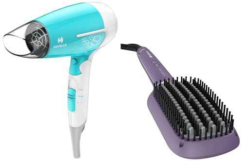 Image of Havells Hd3151 1200 Watts Foldable Hair Dryer; 3 Heat (Hot /Cool /Warm) Settings Including Cool Shot Button & Havells Hs4201 50 Watts Keratin Infused Hair Straightening Brush-Purple