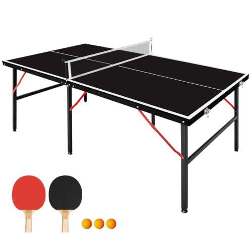 GYMFLEX Mesa de ping pong plegable y portátil, de 182 x 91 cm, para juegos de interior y exterior con red, 2 raquetas de ping pong y 3 pelotas, con tablero negro y patas de mesa negras