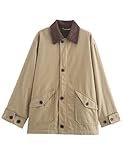 Zucige Womens Barn Jacket Classic Canvas Utility Jackets Corduroy Collar Vintage Button Down Coat with Pockets(Khaki-S)