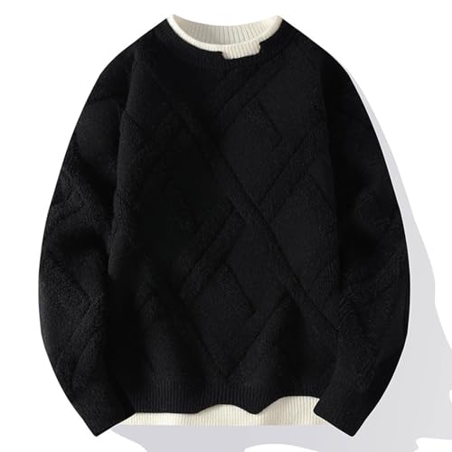 Cashmere Sweater Mens Fashion Fake Double Layer Knitted Pullover Sweater Classic Crewneck Long Sleeve Knitwear(Black,4X-Large)2
