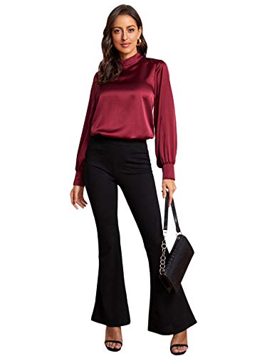 Verdusa Women's Elegant Mock Neck Long Sleeve Satin Blouse Top Burgundy S