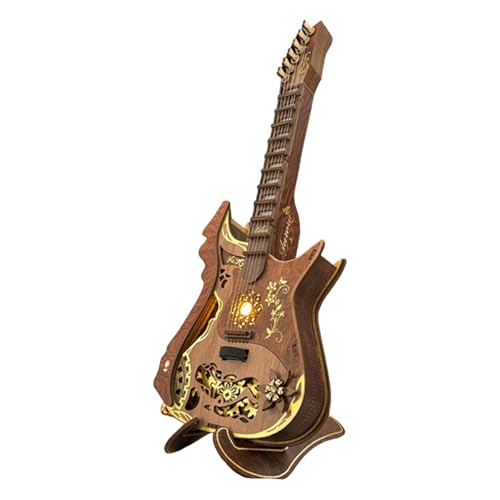 3D Wooden Puzzle for Adults, Mechanical Chord Guitar Wooden Model Kit to Build, 114PCS DIY Assembly Steampunk Puzzle Guitar with LED Lights Playable Strings, Craft Decor Gift