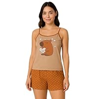 Conjunto de Verão Capivara Baby Doll Elegante Alcinha Estampado Pijama Sensual (BR, Alfa, G, Regular, Regular, Bege)