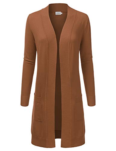 JJ Perfection Womens Light Weight Long Sleeve Open Front Long Cardigan Camel L