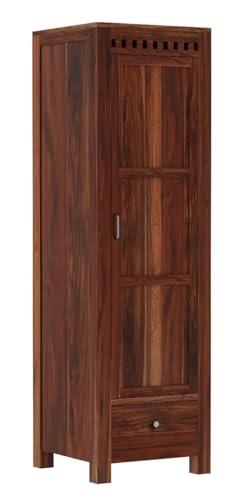 Image of WOODLAB Furniture Solid Sheesham Wood Single Door and Drawer Storage Wardrobe for Home | Wooden Almirah for Bedroom (Honey Finish)