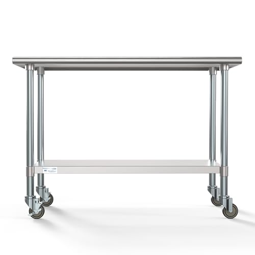 Image of KoolMore Commercial 24 inch x 48 inch Stainless Steel Work Table Wheels Restaurant Home Use, Under Storage Shelf Food, Tools, Equipment, Hardware, Heavy Duty Metal Workspace (CT2448-18C), Silver, 24 inch x 48 inch