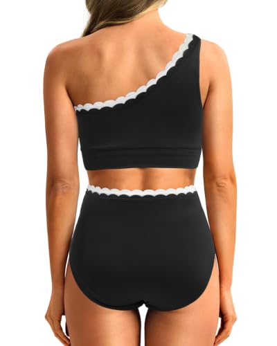 Image of Holipick Women One Shoulder High Waisted Bikini Sets Two Piece Swimsuit Tummy Control Bathing Suit Full Coverage Swimwear