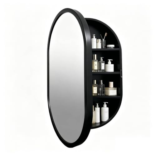 Botiquín de baño con espejo ovalado, marco circular de madera maciza, montaje en pared, 4 niveles, 19,7 x 30,7 pulgadas (estilo B, negro) miniatura 4