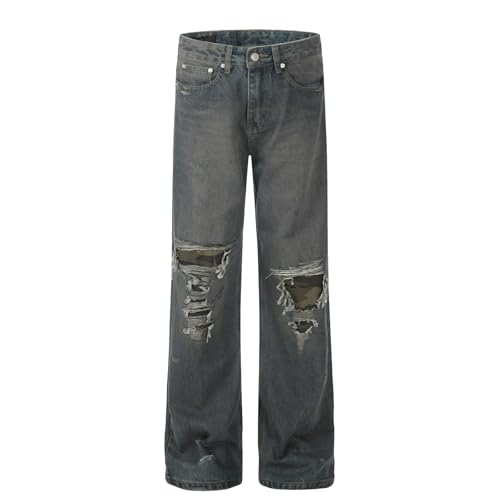 Jeans Pants Trouser Denim Street Trendy Water Washed Blue Wear and Tear Hole Casual Straight for Men