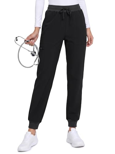 SEVEGO Tall Women Long 32' Inseam Scrub Pants Yoga Jogger 5 Pockets Drawstring Elastic Waist Sweatpants, Black, M