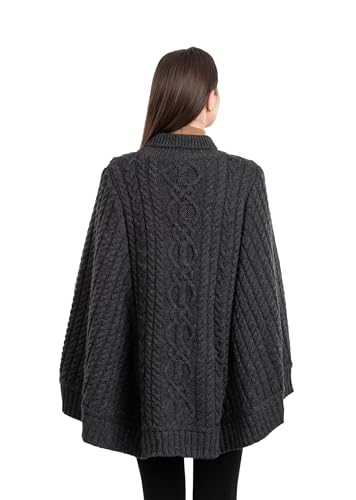 Image of SAOL 100% Merino Wool Cable Knit Ladies Irish Aran Poncho Cardigan