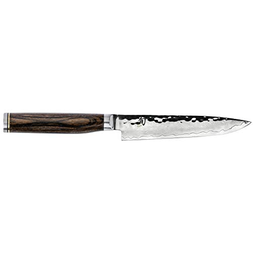 Shun Premier 5-inch Steak Knife; Hand-Sharpened, Double-Bevel Proprietary Stainless Steel, Damascus-Clad Blade; Hammered