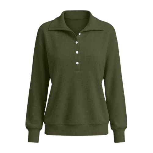 XINGJIAARTS Waffle Knit Tops For Women Button Up Long Sleeve Sweatshirt Casual Y2k Collared Pullover Streetwear Fall Outfits Army Green XX-Large (xx_l) - image 3