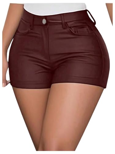 Verdusa Womens Y2K Double Button PU Leather Skinny Shorts Rave High Waisted Micro Shorts with Pockets Burgundy Medium