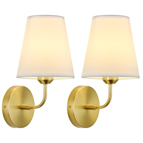 Image of Hardwired Wall Sconces Set of 2,Gold Finish with White Fabric Shades,Small Indoor Wall Decor Lamp for Living Room Bedroom Bathroom