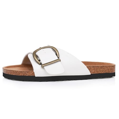 Image of Sandals Women Wide Width, Cork Footbed Arch Support Summer Beach Slide Sandals, Adjustable Strap for Wide Feet
