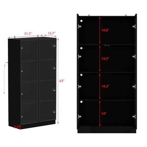 FAMAPY Display Cabinet with Lights, Glass Cabinet with Doors and 4 Tier Shelves, Bookcase Display Case for Collectible, Living Room Office, Black 31.5”W x 15.7”D x 63”H