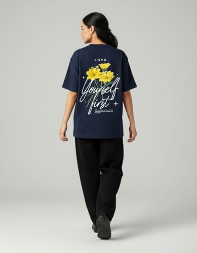 Image of Oversized Cotton T-Shirt for Women Half Sleeve - Love Yourself First Printed Tee - Breathable Loose Fit Motivational Casual Wear for College and Daily Outfits