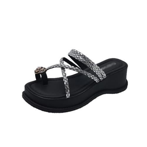 HBJWOV Pearl Rhinestone Sandals for External Wear with Toe Cuffs Beach Thick Soles and Sloping Heels