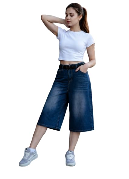pentoo Women's Wide Leg Denim Culottes | Knee Length Mid Rise Casual Blue Capri Jeans | Relaxed Fit Cropped Denim Pants, College & Travel-picture-53