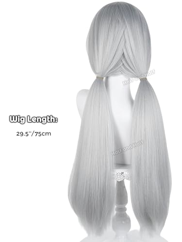 Image of Half and Half Silver Gray Ponytail Anime Cosplay Wig with Bangs 29.5'' Long Dark Gray Pigtail Twin Tail Wigs for Women Party Costumes Halloween