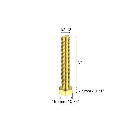 Image of uxcell Brass Hex Bolts, 1 /2-13x3 1pcs Fully Thread Grade 4.8 Solid Brass Hexagon Head Bolt Machine Screws for Machinery