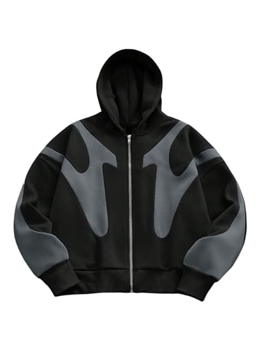 Men's Color Block Hoodie Zip Up Long Sleeve Hooded Sweatshirts Vintage Punk Jacket Streetwear