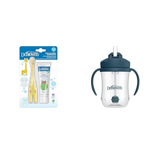 Dr. Brown's Infant-to-Toddler Training Toothbrush Set Fluoride-Free Baby Toothpaste, Strawberry & Milestones Baby’s First Straw Cup, Cup Weighted Straw, Dark Blue, 6m+