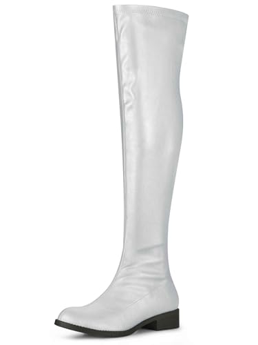 Allegra K Women's Thigh High Boots Block Heel Silver Over the Knee High Boots 8 M US