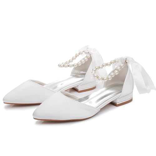 Women's Pearl Satin Wedding Shoes Pointed Toe Comfortable Bridal Flats Formal Prom Party Dress Pumps Ankle Strap Sandals4
