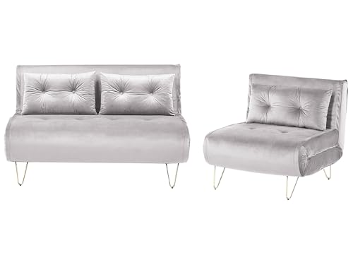 Ensemble de Canapés BZ Banquettes Convertibles 2 +1 Places en Velours Gris Pieds Dorés pour Salon au Style Moderne et Glamour Beliani