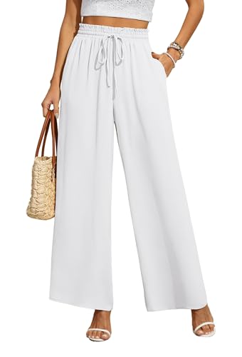 BEIGAI Damen Hosen Weite Lose Gerade Geschnitten Palazzo Hose Hohe Taille Dehnbar Lounge Elegante Hose mit Taschen,Weiß,M