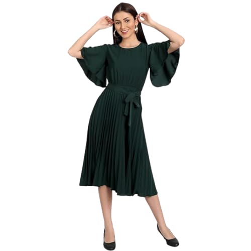 Image of KUDUZO Women's Crepe Long Pleated Below Knee Length Flutter Sleeve Round Neck S to XL Maxi Dress for Girls. (EG-U0IM-B9A1)