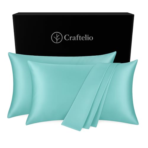 Image of Satin Pillow Covers Set of 2 with 3 Free Random Color Scrunchies - Luxurious, Soft & Smooth Cushion Cases for Skin and Hair Care (Sky Blue)