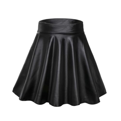 Mini jupe faux cuir doux patineur à taille élastique noire coupe évasée en A