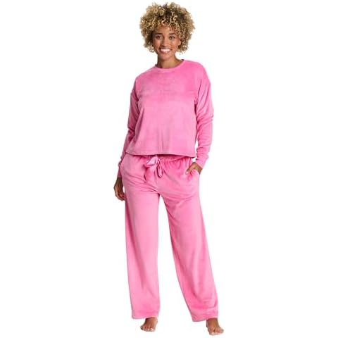 bebe Women's Velour Rhinestone Crewneck Pajama Set – Long Sleeve Cozy Lounge Set with Elastic Waist Pants (Aurora Pink, X-Large) Cover