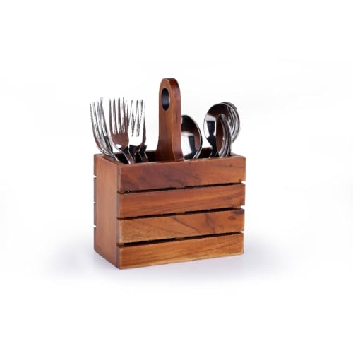 Image of Crystal Premium Handcrafted Wooden Cutlery /Spoon stand with Handle | Pure Teak Wood | Wooden Caddy with 2 sections | Multipurpose Cutlery Stand for Kitchen, Dining Table
