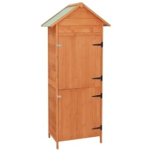 Foknhdi Gartenschrank Braun 42,5x64x190 cm - Holz Geräteschrank schmal für Garten & Balkon - Wetterfester Holzschrank mit 3 Ebenen & Regalböden - Kompaktes Gerätehaus für Werkzeuge