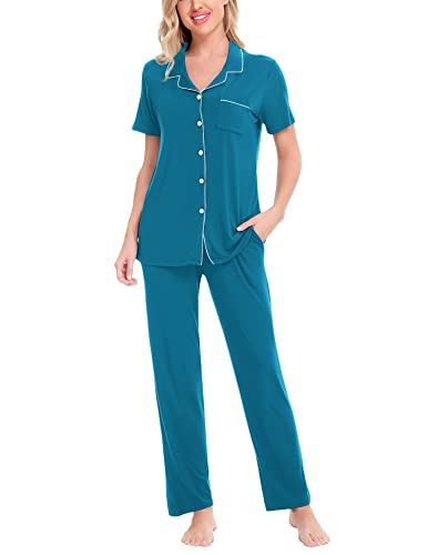 Image of SWOMOG Women Pajama Sets Two-Piece Nightwear Short Sleeve Sleepwear Button Down Pj Lounge Sets with Long Pants