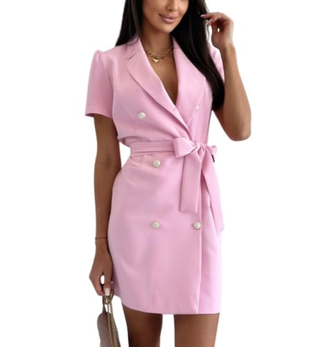 chouyatou Women's Sexy Puff Sleeve Blazer Dress Casual Lapel Double Breasted Belted Blazer Mini Dress