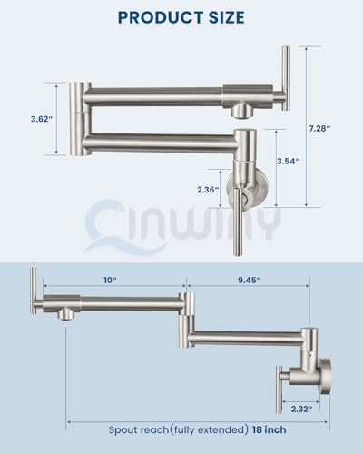 Image of Brushed Nickel Pot Filler Wall Mount Kitchen Restaurant Sink Faucet Stainless Steel Stretchable Commercial Faucet with Folding Double Joint Swing Arm Single Hole Two Handles
