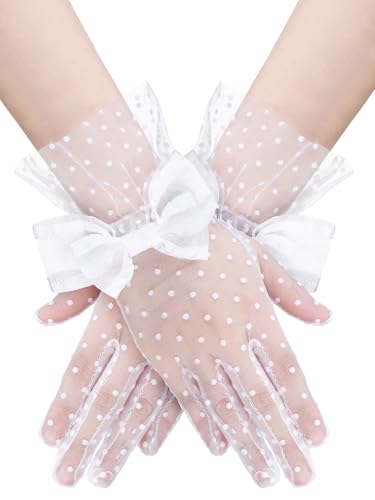 Guantes cortos de encaje nupcial Bencailor con acabado de lazo satén para novia