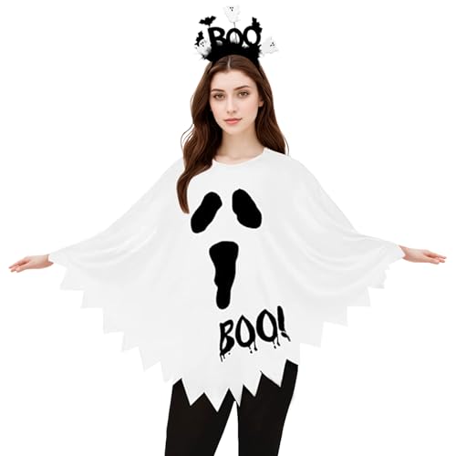 WOLBAY 2Pcs Halloween Costumes Woman Pumpkin Ghost Skeleton Halloween Poncho for Women With Headband...