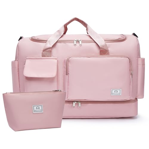Image of Large Travel Duffle Bag, Carry On Weekender Bag with Shoe Compartment, Gym Tote Overnight Bags for Women for Travel, A10#Pink, 11x19.6x8.2 inches, Weekender Bag&toiletry Bag