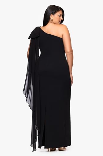 Xscape Women's Scuba Crepe Asymmetrical Neck and Chiffon Sash Floor Length Dress (Plus)4