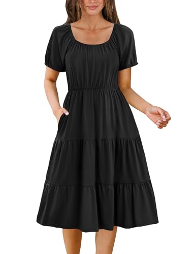 Image of Zeagoo Womens Summer Dress Short Sleeve Square Neck Midi Dresses 2026 Casual Beach Vacation A-Line Ruffle Sundress with Pockets Yellow Floral