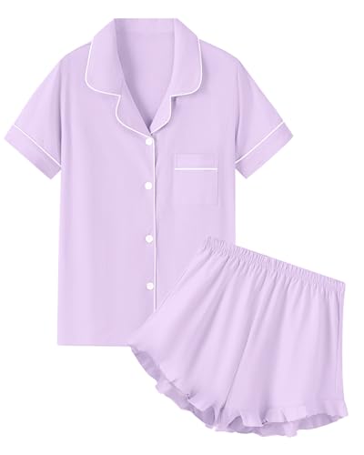 QZH.DUAO ガールズパジャマセット 綿100% 寝間着 ボタンダウン 半袖 フリル付きショーツ 2ピース PJS 5-14, ライトパープル, X-Smallの商品画像（Amazon）